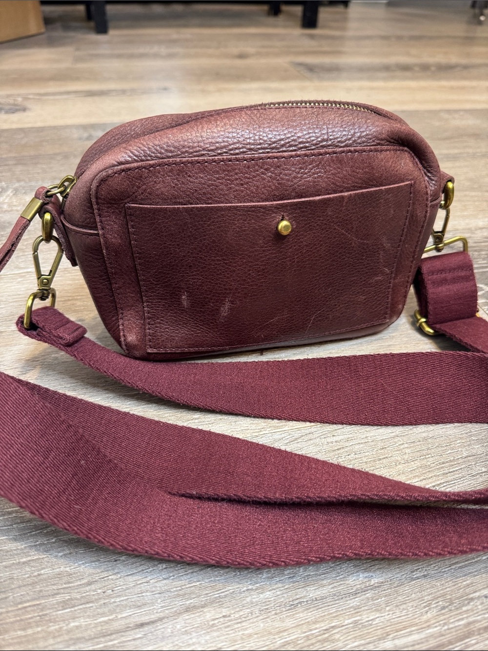 Madewell The Transport Camera Bag in Burgundy Leather Crossbody w/ Fabric Strap